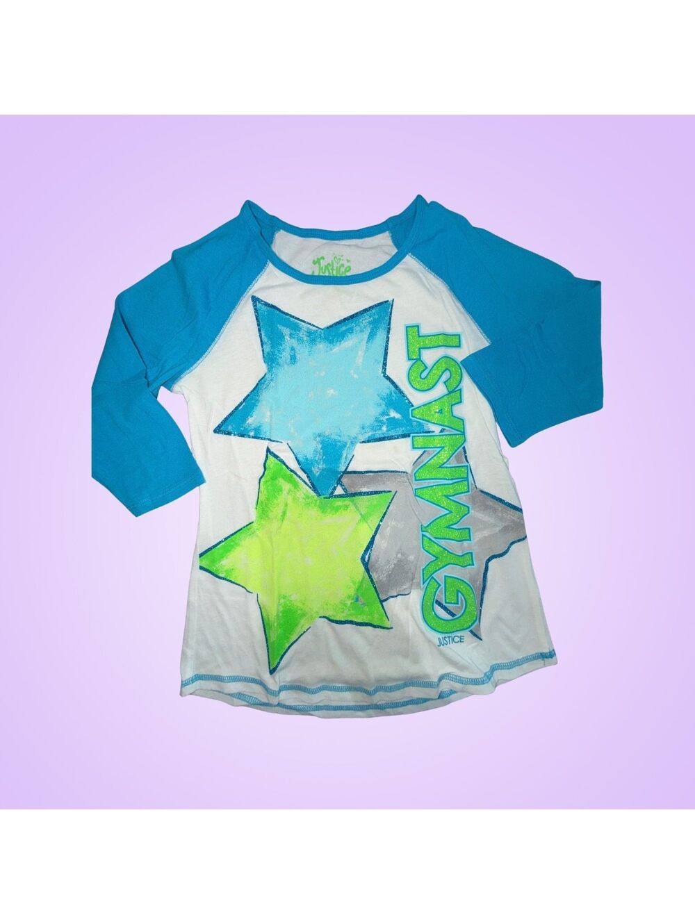 Justice Girls Size 10 Gymnast Star Glitter Raglan Baseball Shirt | Blue Green